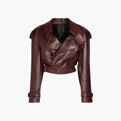 Elegant Brown Leather Jacket for Women with Notch Lapel Long Sleeve Cropped Belted Biker Style