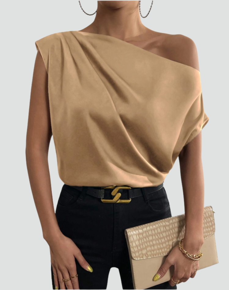 Elegant Satin Off The Shoulder Top for Women with Draped Asymmetric Sleeveless Silky Style