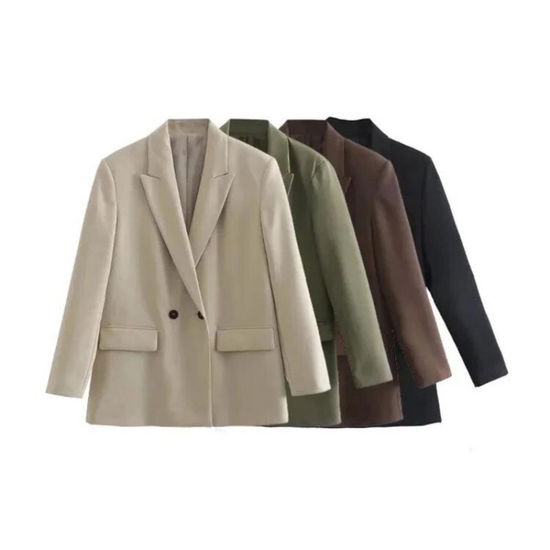 Elegant Blazer for Women with Notched Lapel Long Sleeve Double Breasted Oversized Style