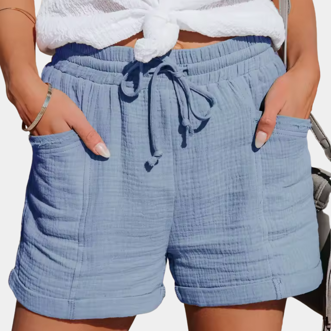 Effortless Khaki Cotton Gauze Shorts for Women with High Waist Drawstring Cuffed Relaxed Casual Style