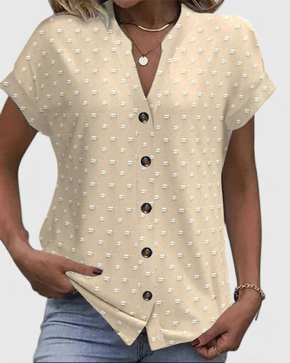 Effortless Beige Dot Print Shirt for Women with V Neck Short Sleeve Button Front Relaxed Casual Style
