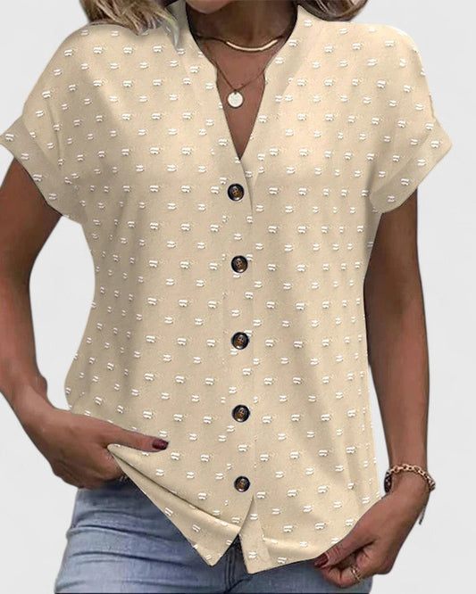 Effortless Beige Dot Print Shirt for Women with V Neck Short Sleeve Button Front Relaxed Casual Style