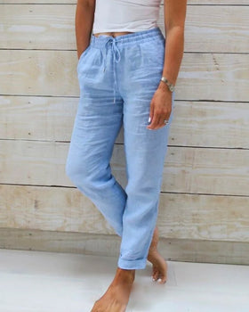 Effortless Linen Pants for Women with High Waist Drawstring Cuffed Hem Relaxed Casual Style