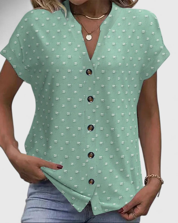Effortless Beige Dot Print Shirt for Women with V Neck Short Sleeve Button Front Relaxed Casual Style