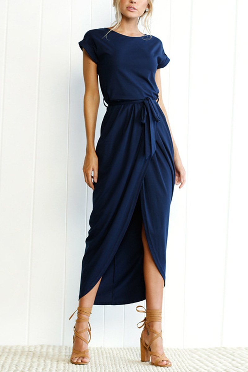 Effortless Knit Midi Dress for Women with Round Neck Cap Sleeve Wrap Tie Waist Slit Casual Style