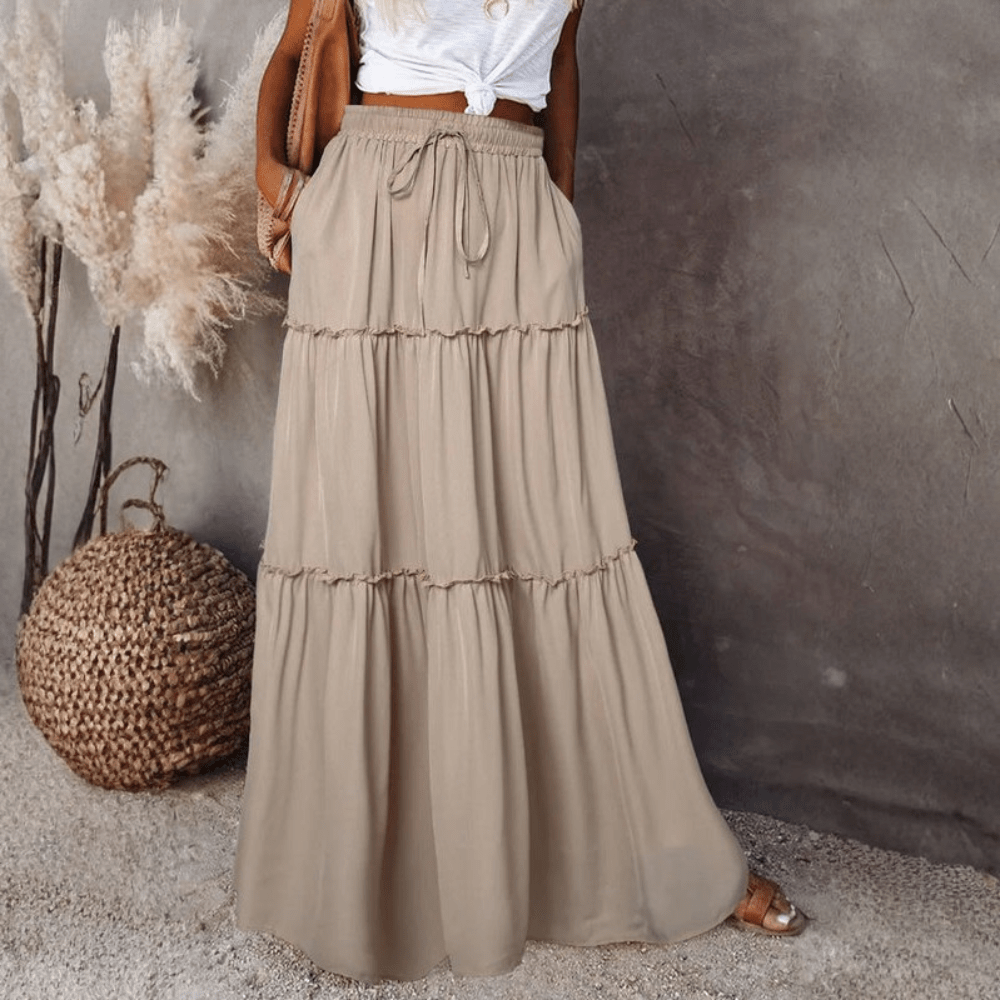 Effortless Tiered Maxi Skirt for Women with High Waist Drawstring Flowing Bohemian Style