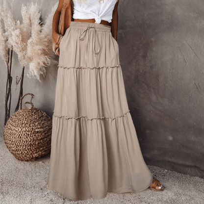 Effortless Tiered Maxi Skirt for Women with High Waist Drawstring Flowing Bohemian Style