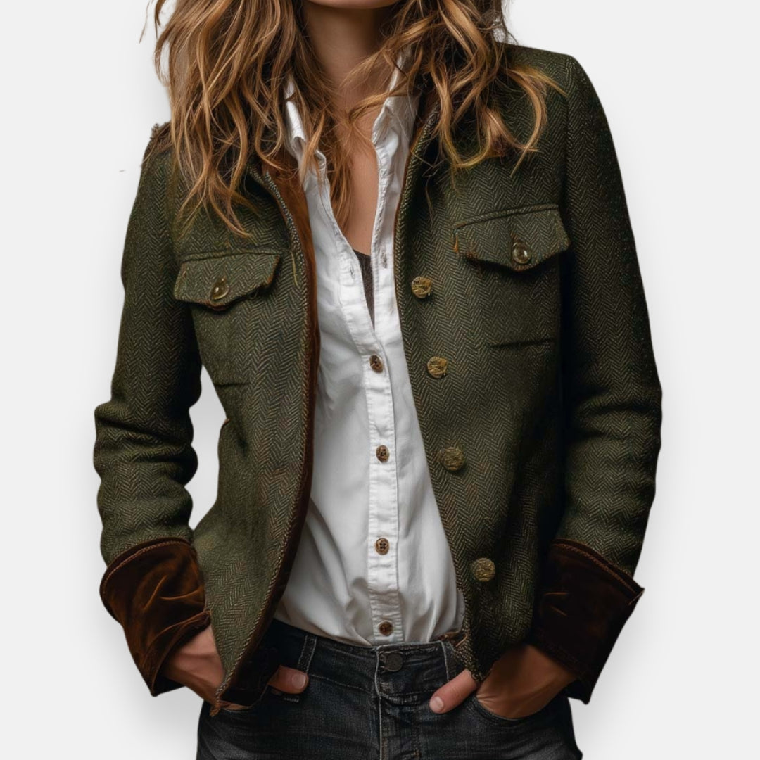 Elegant Olive Green Tweed Jacket for Women with Stand Collar Long Sleeve Suede Cuff Casual Style