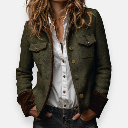 Elegant Olive Green Tweed Jacket for Women with Stand Collar Long Sleeve Suede Cuff Casual Style