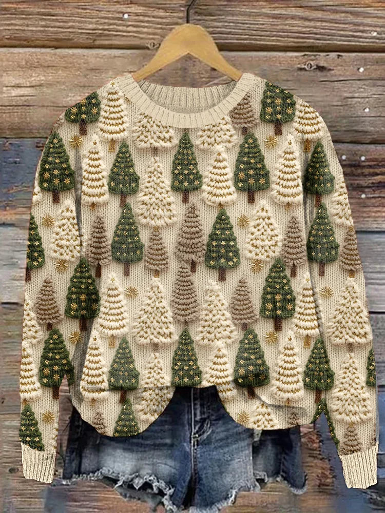 Comfortable Christmas Tree Embroidered Crewneck Sweater for Women with Long Sleeve Relaxed Oversized Knit Style
