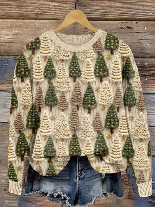 Comfortable Christmas Tree Embroidered Crewneck Sweater for Women with Long Sleeve Relaxed Oversized Knit Style