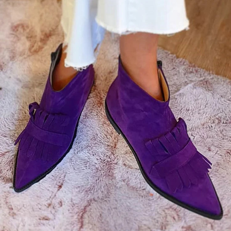 Chic Purple Suede Ankle Boots for Women with Pointed Toe Fringe Trim Western Style