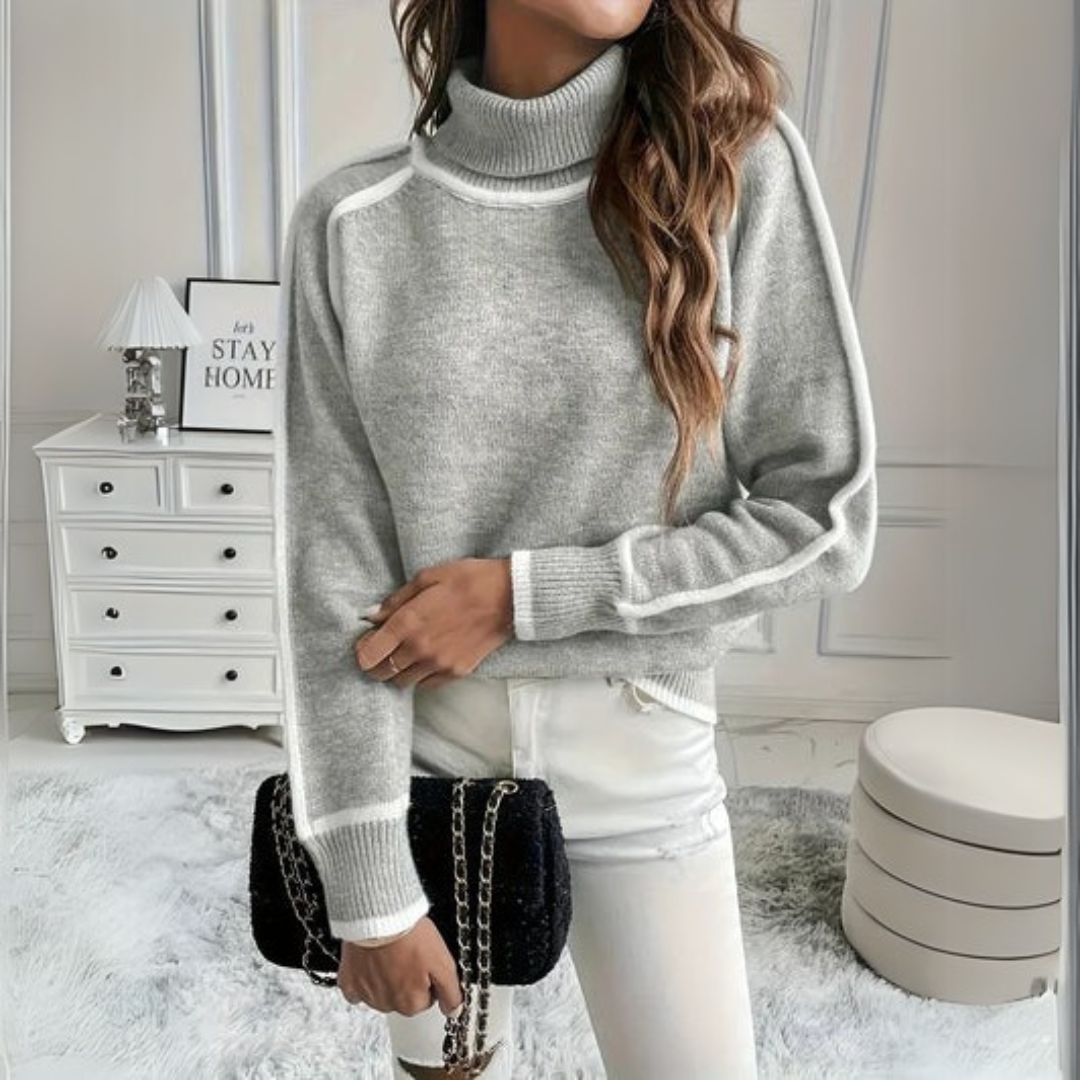 Comfortable Grey Contrast Trim Sweater for Women with High Neck Long Sleeve Relaxed Oversized Knit Style