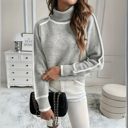 Comfortable Grey Contrast Trim Sweater for Women with High Neck Long Sleeve Relaxed Oversized Knit Style