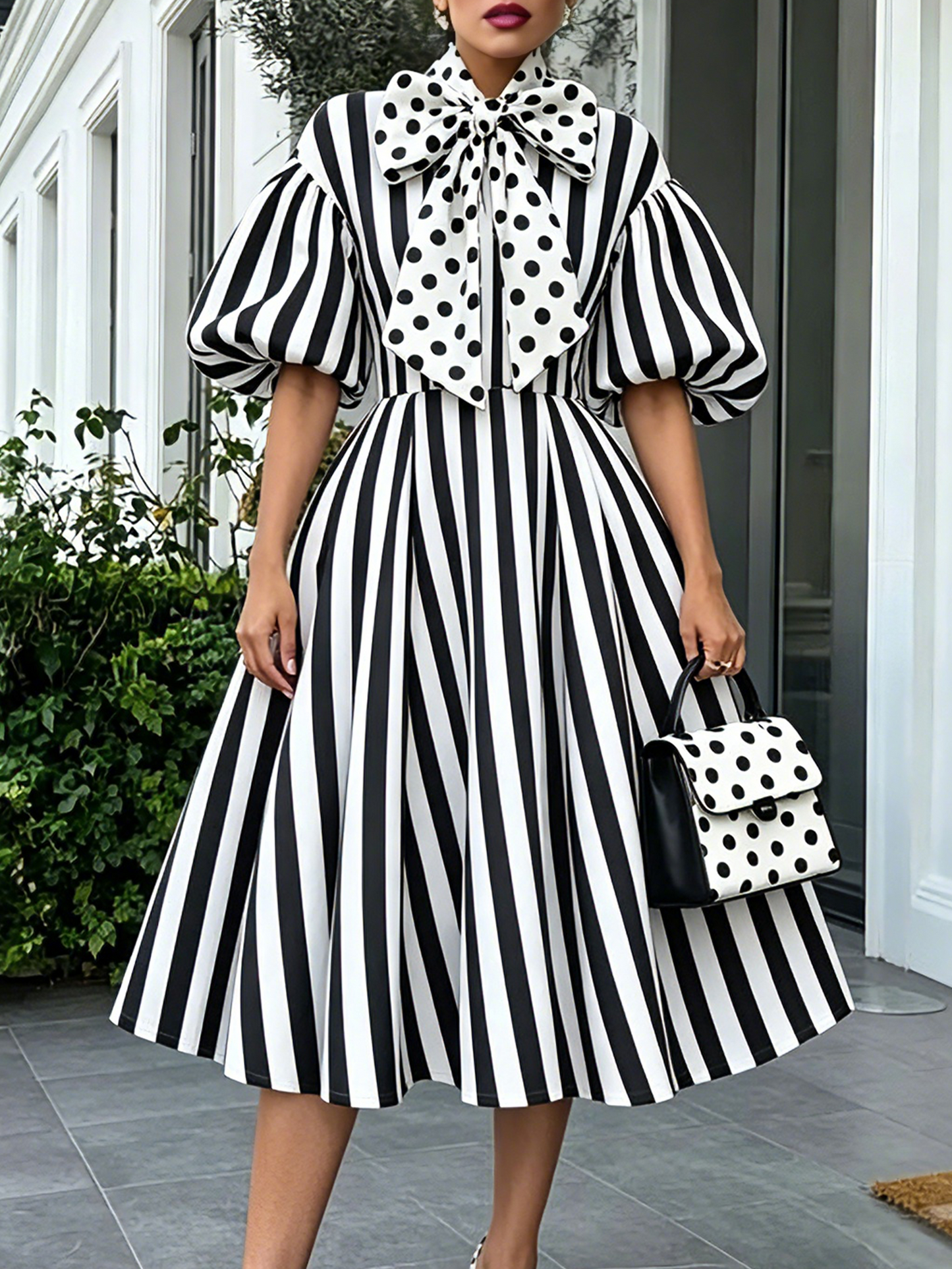 Elegant Black and White Polka Dot Dress for Women with Bow Tie Collar Balloon Sleeve Striped Fit and Flare Style