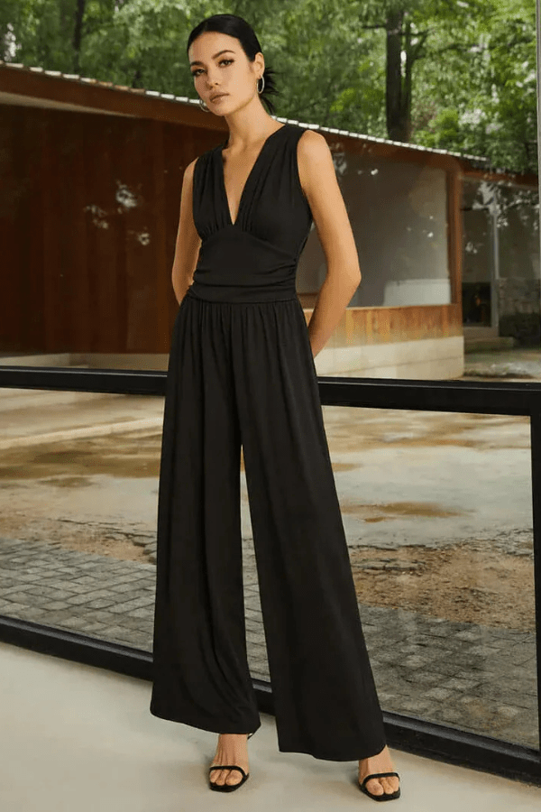 Elegant Wide Leg Jumpsuit for Women with V Neck Sleeveless Ruched Waist Flowing Style