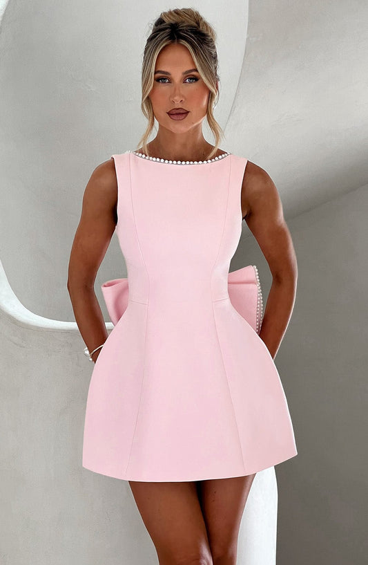 Elegant Pearl Trim Mini Dress for Women with Bateau Neck Sleeveless Bow Back Fit Flare Style