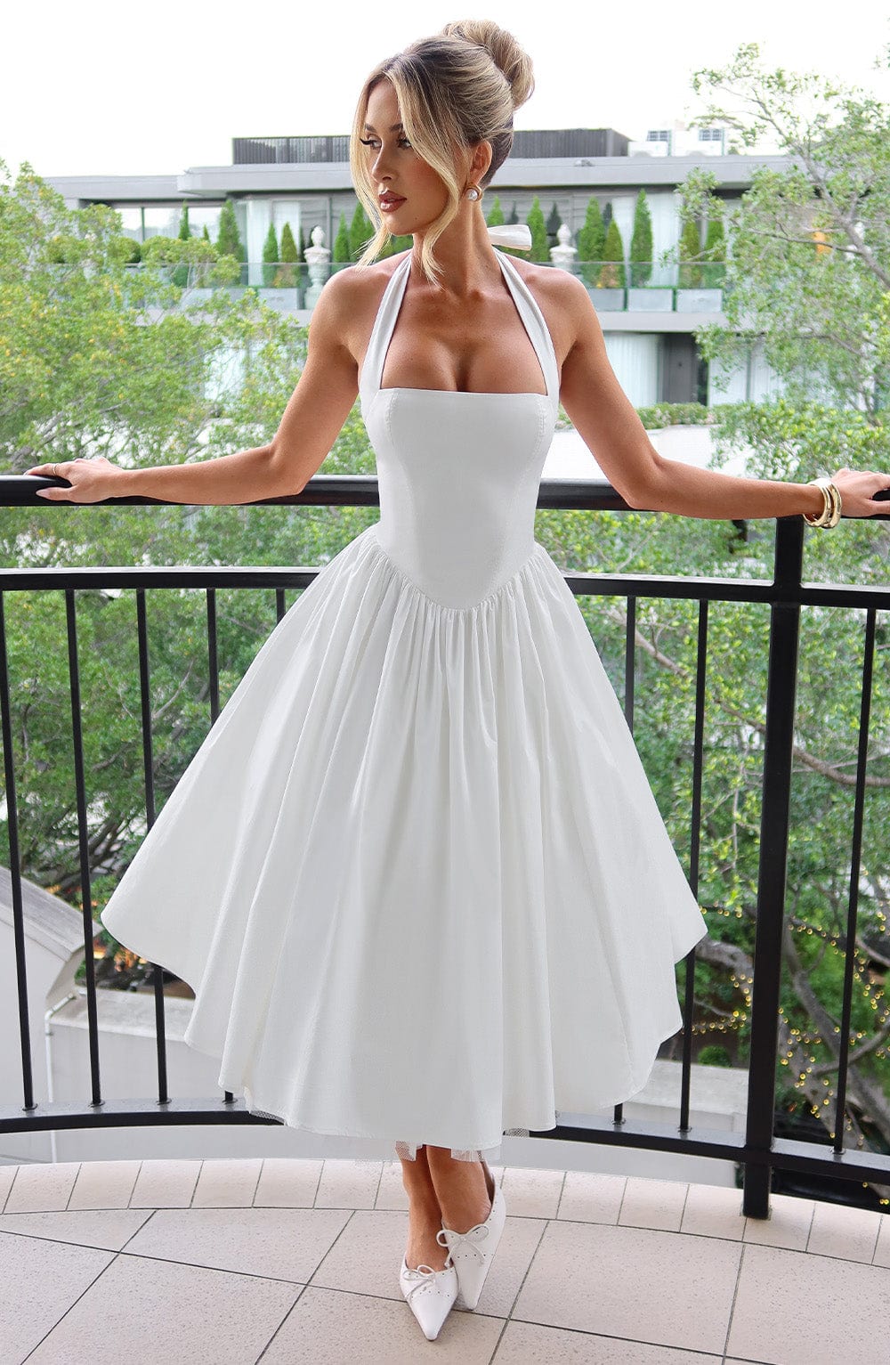 Gabrielle | Elegant White Formal Wedding Guest Dress in A Line Midi Style