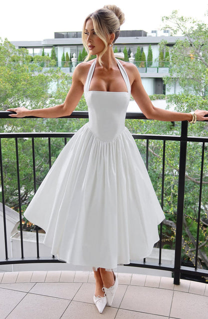 Gabrielle | Elegant White Formal Wedding Guest Dress in A Line Midi Style