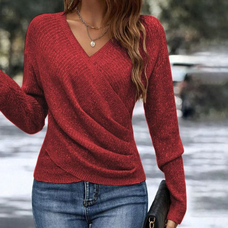 Comfortable Ribbed Knit Sweater for Women with V Neck Long Sleeve Wrap Front Relaxed Style