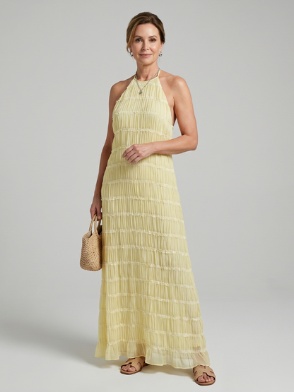 Textured Fringe Elegant Dress for Women with Halter Neck Sleeveless Tiered Maxi Flowing Style