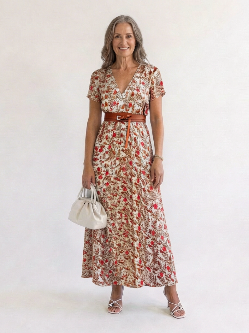 Effortless Floral Mini Dress for Women with V Neck Short Sleeve Belted Flowing Style