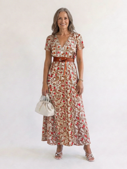 Effortless Floral Mini Dress for Women with V Neck Short Sleeve Belted Flowing Style