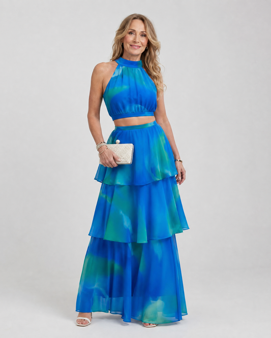 Elegant Blue Tie Dye Two Piece Set for Women with Halter Neck Tiered Ruffle Maxi Skirt Wedding Guest Style