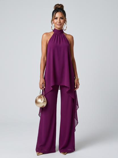 Elegant Magenta Halter Two Piece Set for Women with High Neck Chiffon Wide Leg Pant Formal Style