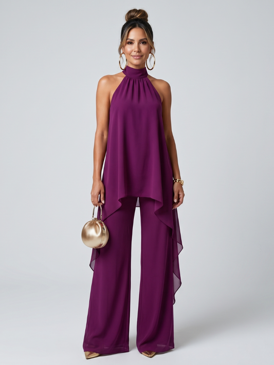 Elegant Magenta Halter Two Piece Set for Women with High Neck Chiffon Wide Leg Pant Formal Style