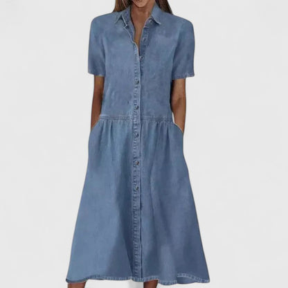 Effortless Blue Denim Maxi Dress for Women with Collar Button Front Short Sleeve Casual Style