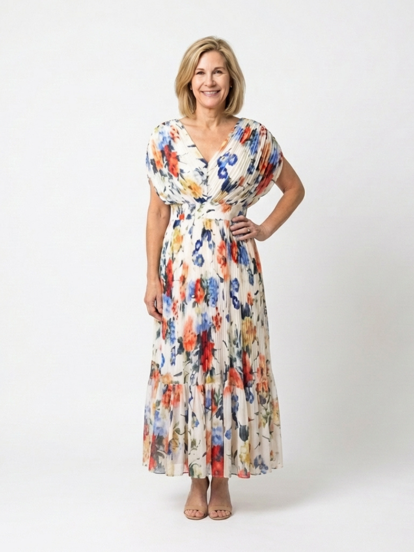 Elegant Ivory Floral Pleated Fall Wedding Guest Dress for Women with V Neck Dolman Sleeve Tiered Ruffle Flowing Style