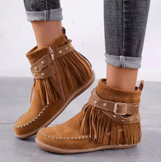 Effortless Tan Suede Fringe Booties for Women with Round Toe Buckle Strap Western Style