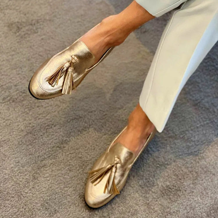 Elegant Gold Loafers for Women with Slip On Tassel Detail Round Toe Casual Style
