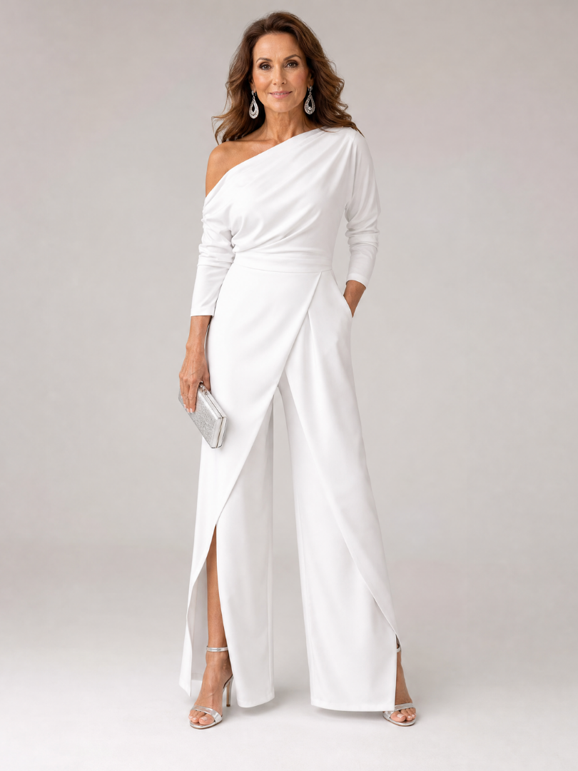Elegant Wide Leg Jumpsuit for Women with One Shoulder Long Sleeve Draped Waist Formal Wedding Guest Style