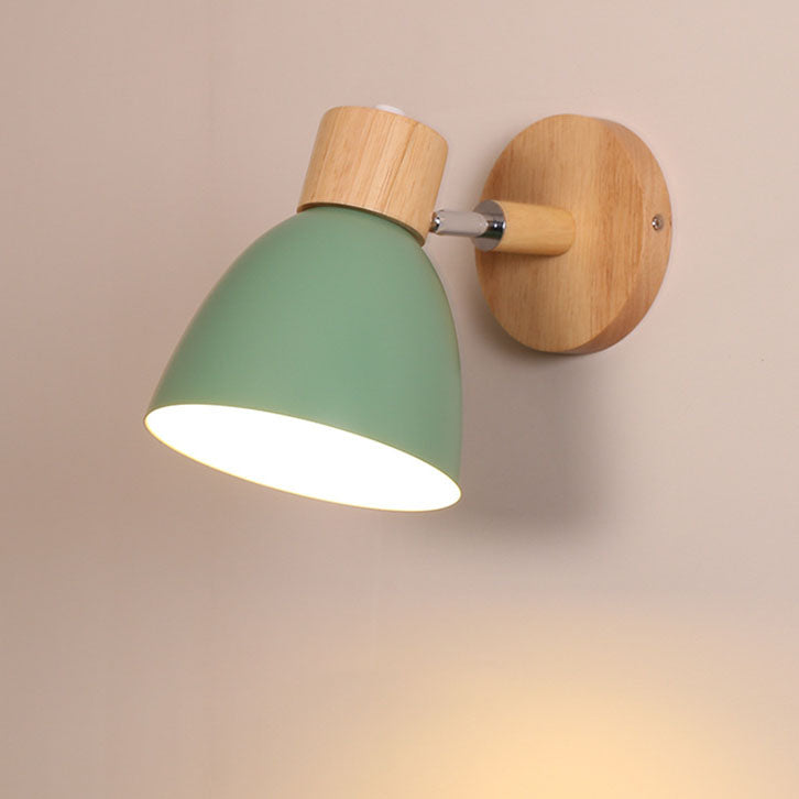Macaron Wall Lamp Wood Metal Adjustable Shade Pull-Chain Nordic Bedside Sconce Wall Light