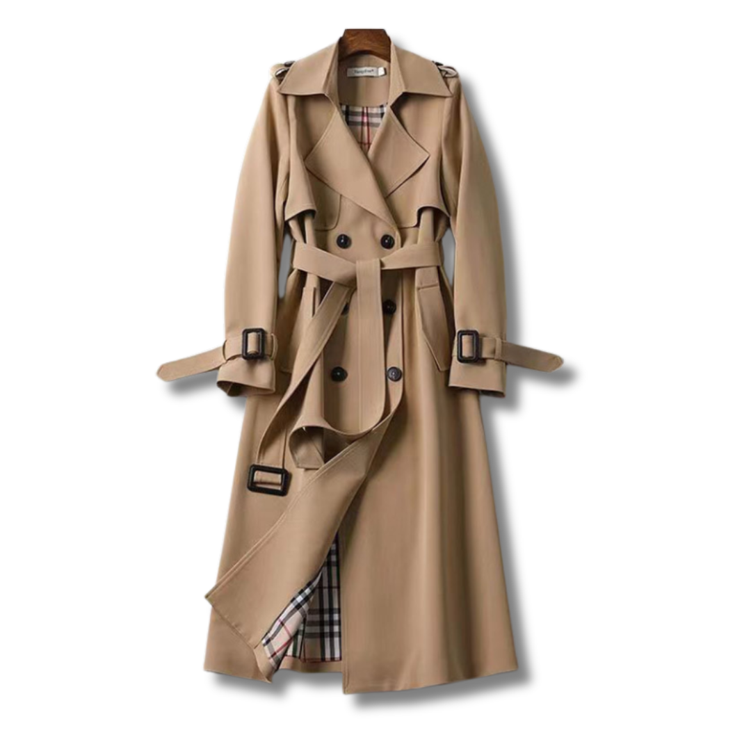 Elegant Trench Coat for Women with Notched Lapel Long Sleeve Belted Double Breasted Style