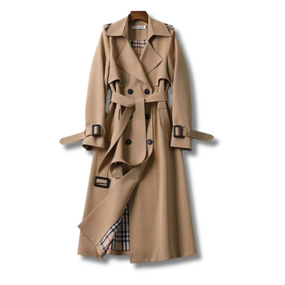 Elegant Trench Coat for Women with Notched Lapel Long Sleeve Belted Double Breasted Style