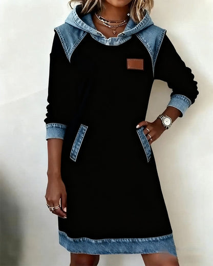 Effortless Colorblock Denim Dress for Women with Hooded Long Sleeve Raglan Pocket Casual Style