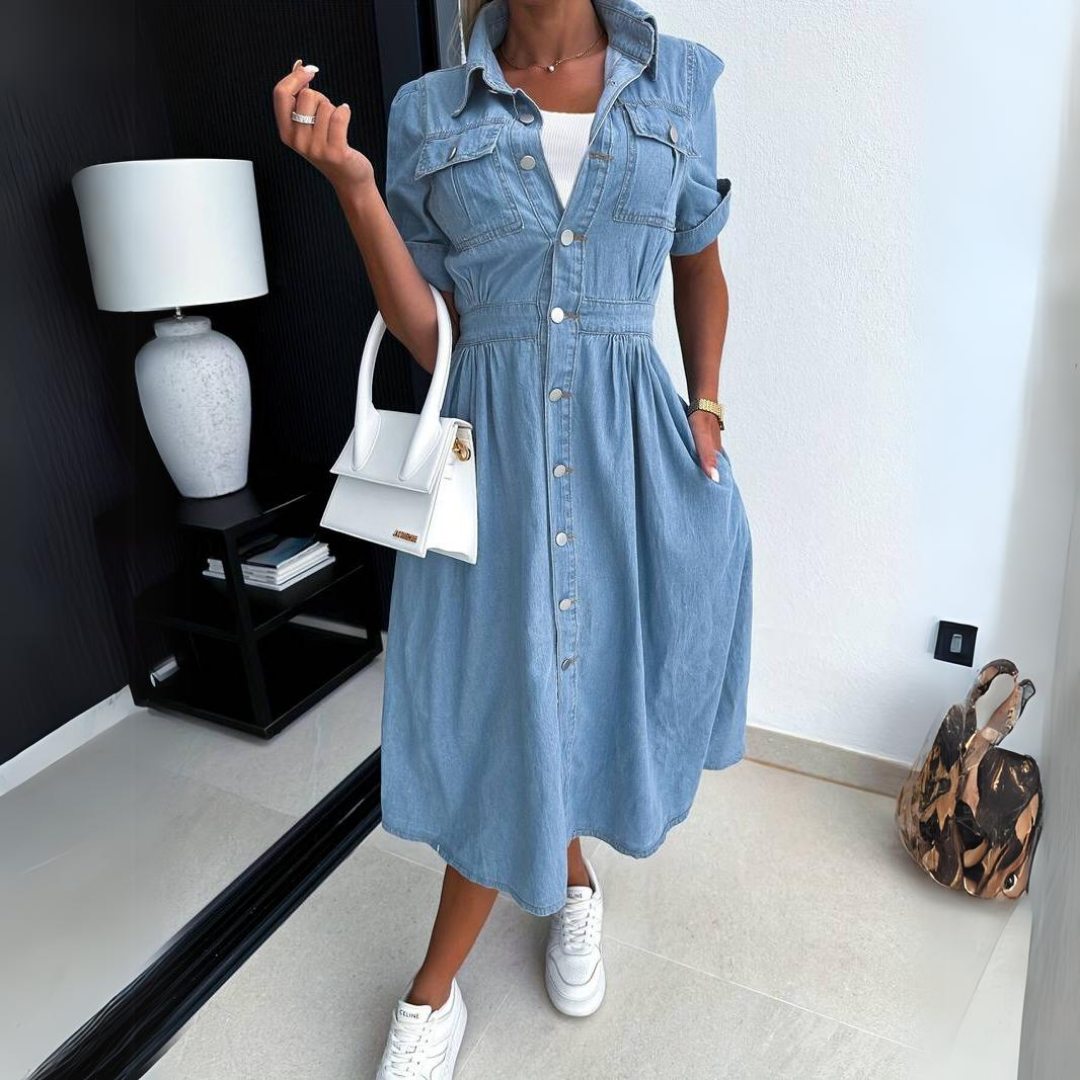 Effortless Blue Denim Dress for Women with Collared Short Sleeve Button Front Midi Style