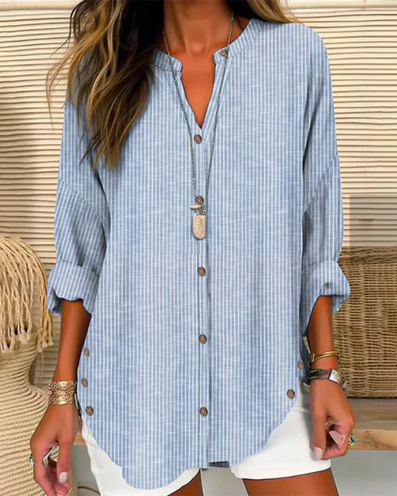 Effortless Striped Linen Shirt for Women with V Neck Long Sleeve Curved Hem Relaxed Style