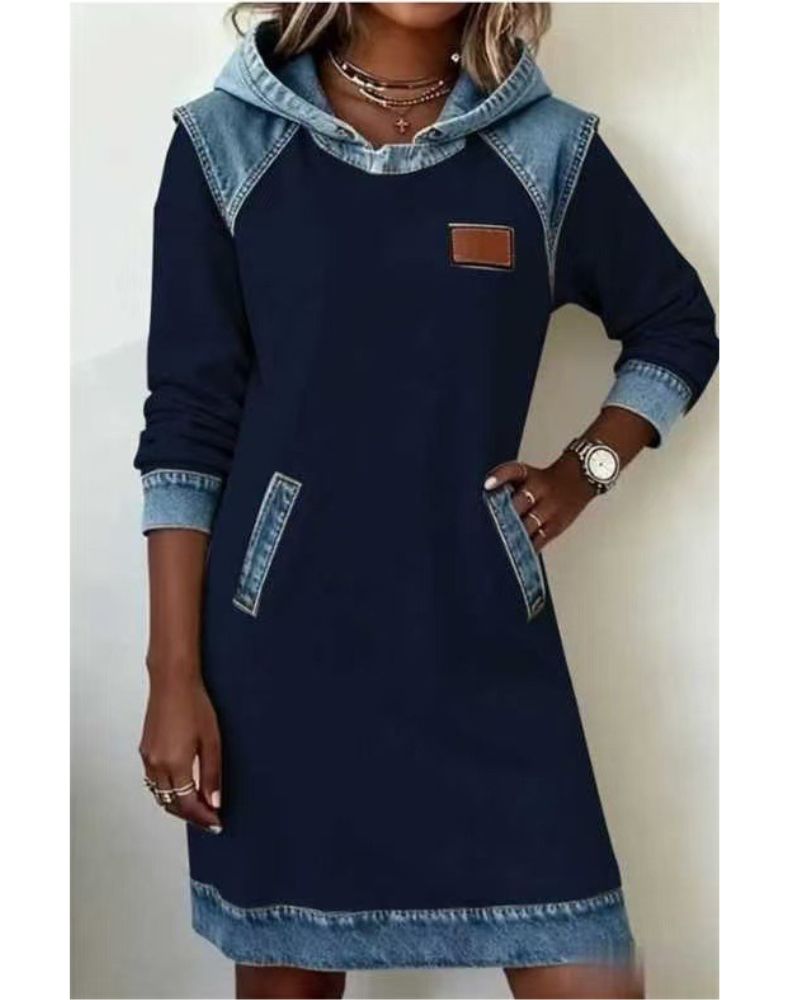 Effortless Colorblock Denim Dress for Women with Hooded Long Sleeve Raglan Pocket Casual Style