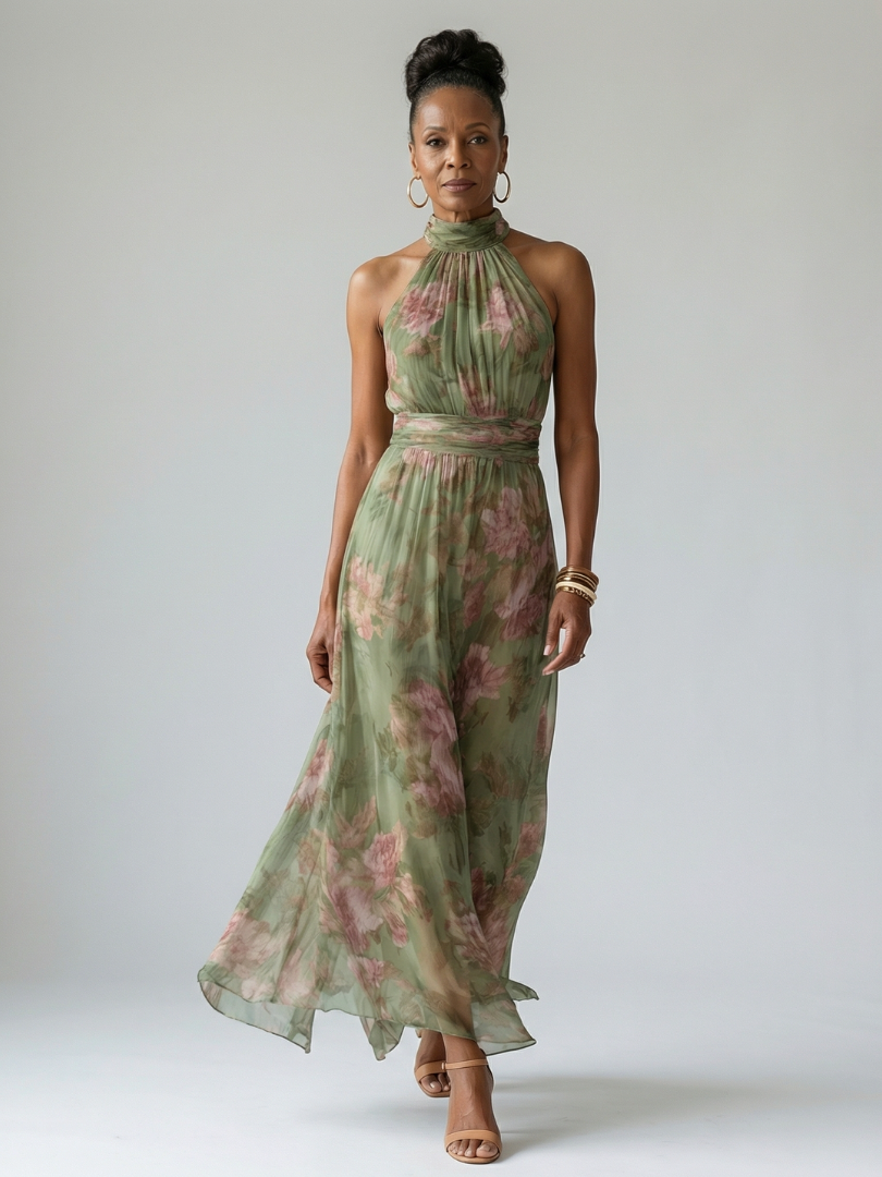 Elegant Sage Green Floral Midi Dress for Women with Halter Neck Ruched Flowing Wedding Guest Style