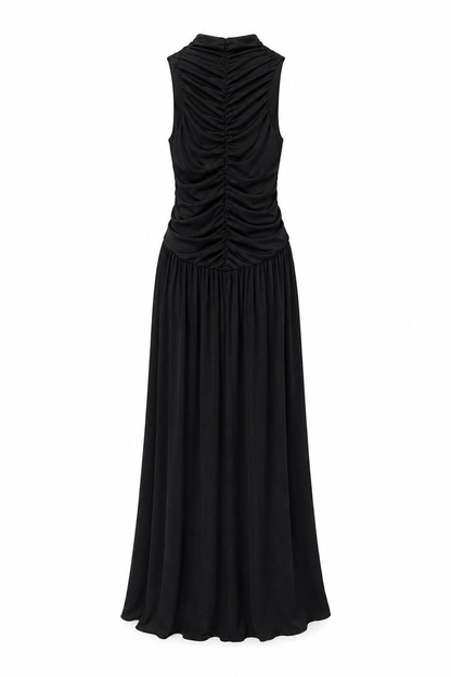 Elegant Black Pleated Maxi Dress for Women with High Neck Sleeveless Flowing Skirt