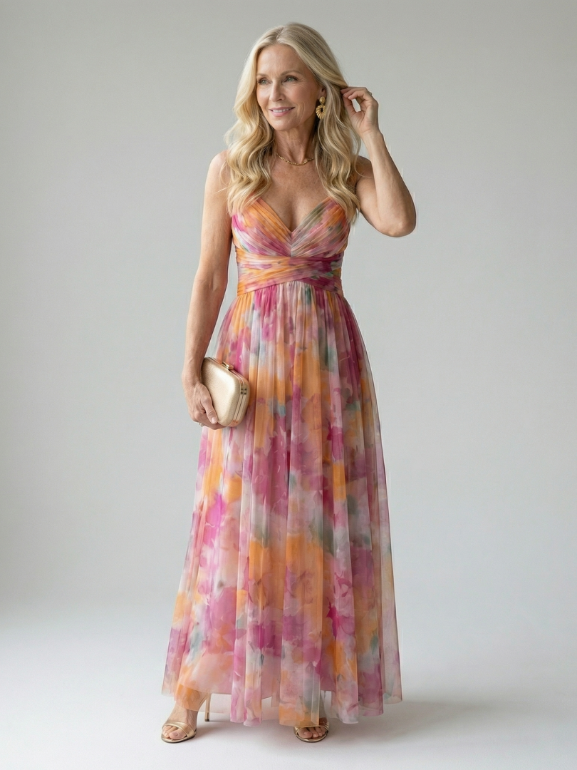 Effortless Watercolor Floral Maxi Dress for Women with V Neck Sleeveless Ruched Flowing Autumn Wedding Guest Style