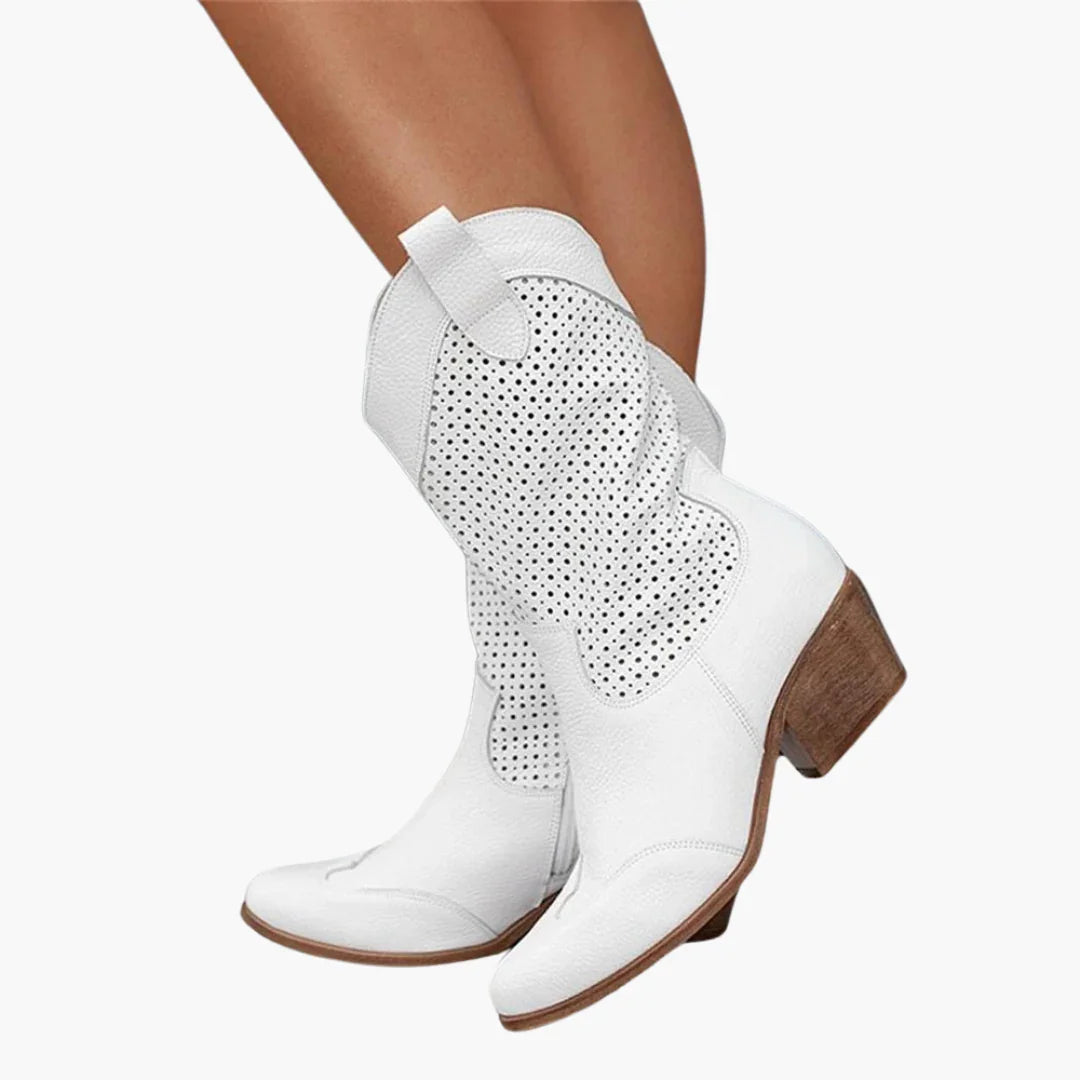 Stylish Perforated Leather Women's Boots for Women with Pointed Toe Block Heel Western Cowboy Style