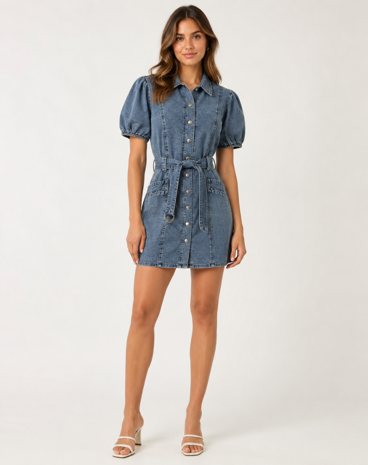 Elegant Blue Denim Dress for Women with Collar Puff Sleeve Belted Mini Shirt Style
