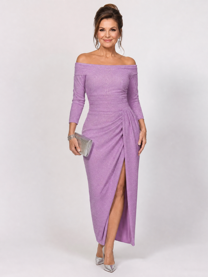 Elegant Midi Dress for Women with Off Shoulder Long Sleeve Ruched Side Slit Formal Wedding Guest Style