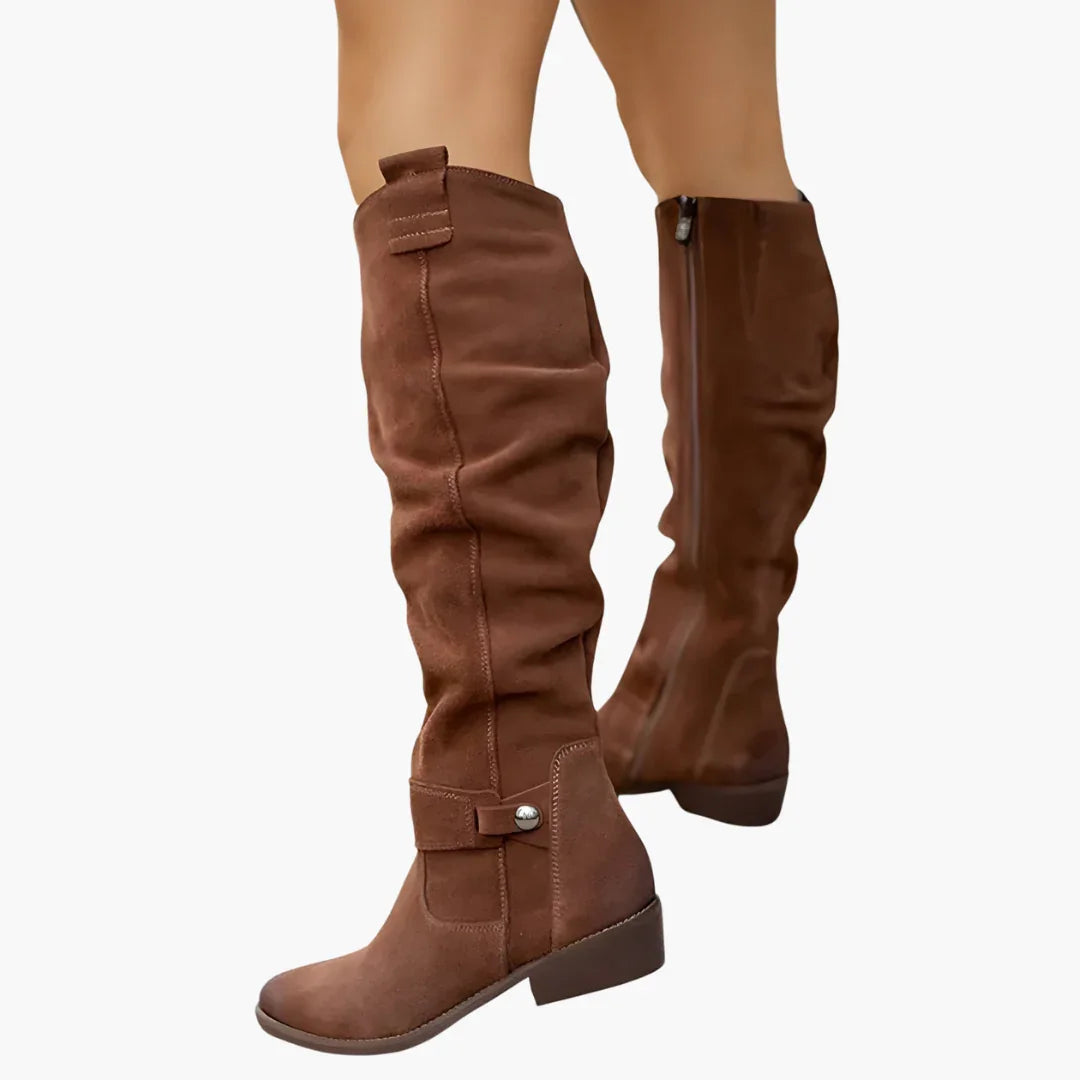 Chic Suede Knee High Boots for Women with Slouchy Shaft Side Zip Buckle Detail Casual Style