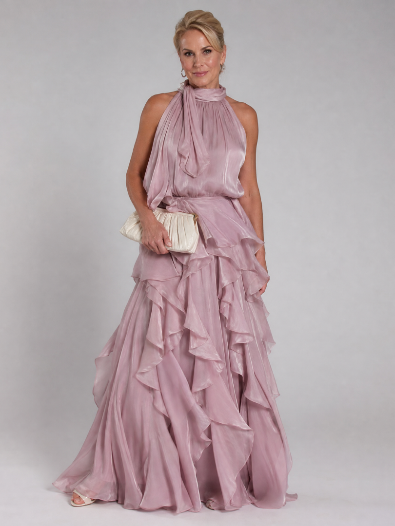 Elegant Maxi Dress for Women with Halter Neck Ruffle Tiered Skirt Satin Sleeveless Wedding Guest Style